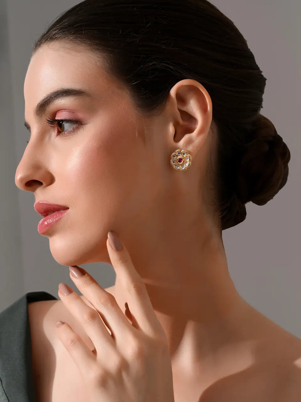 Blossom Ruby Glow Kundan Stud Earrings