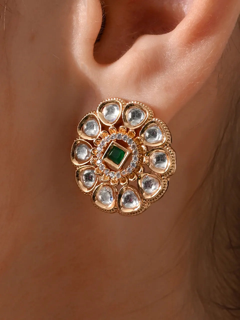 Emerald Bloom Kundan Stud Earrings