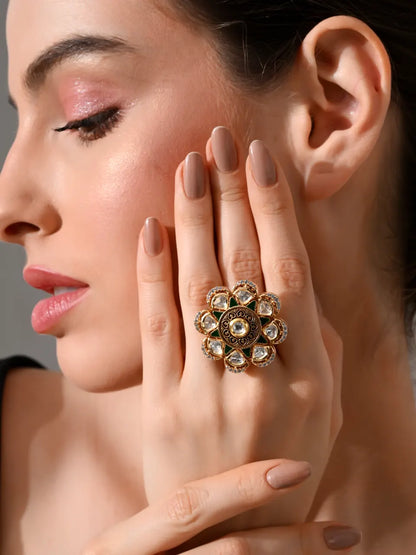 Regal Emerald Bloom Kundan Ring