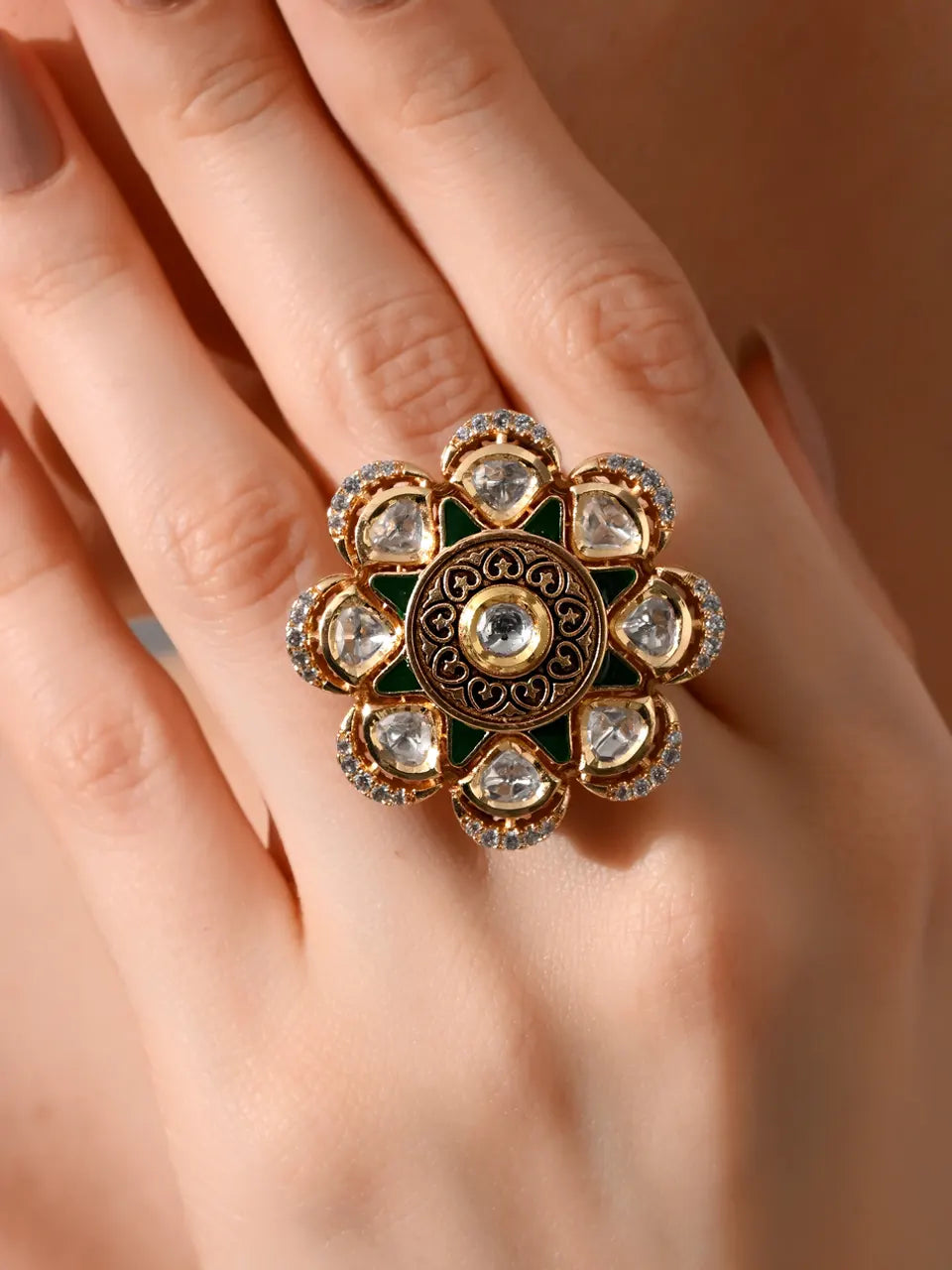 Regal Emerald Bloom Kundan Ring
