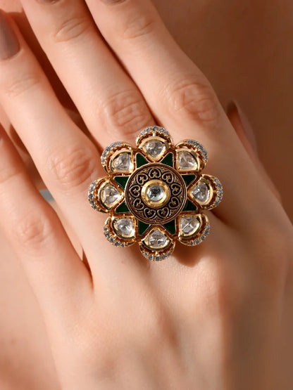 Regal Emerald Bloom Kundan Ring