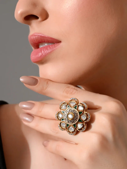 Regal Emerald Bloom Kundan Ring