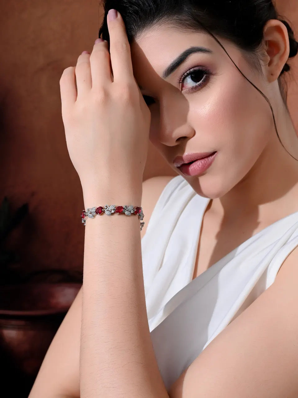 Sparkling Ruby Blossom Silver Bracelet