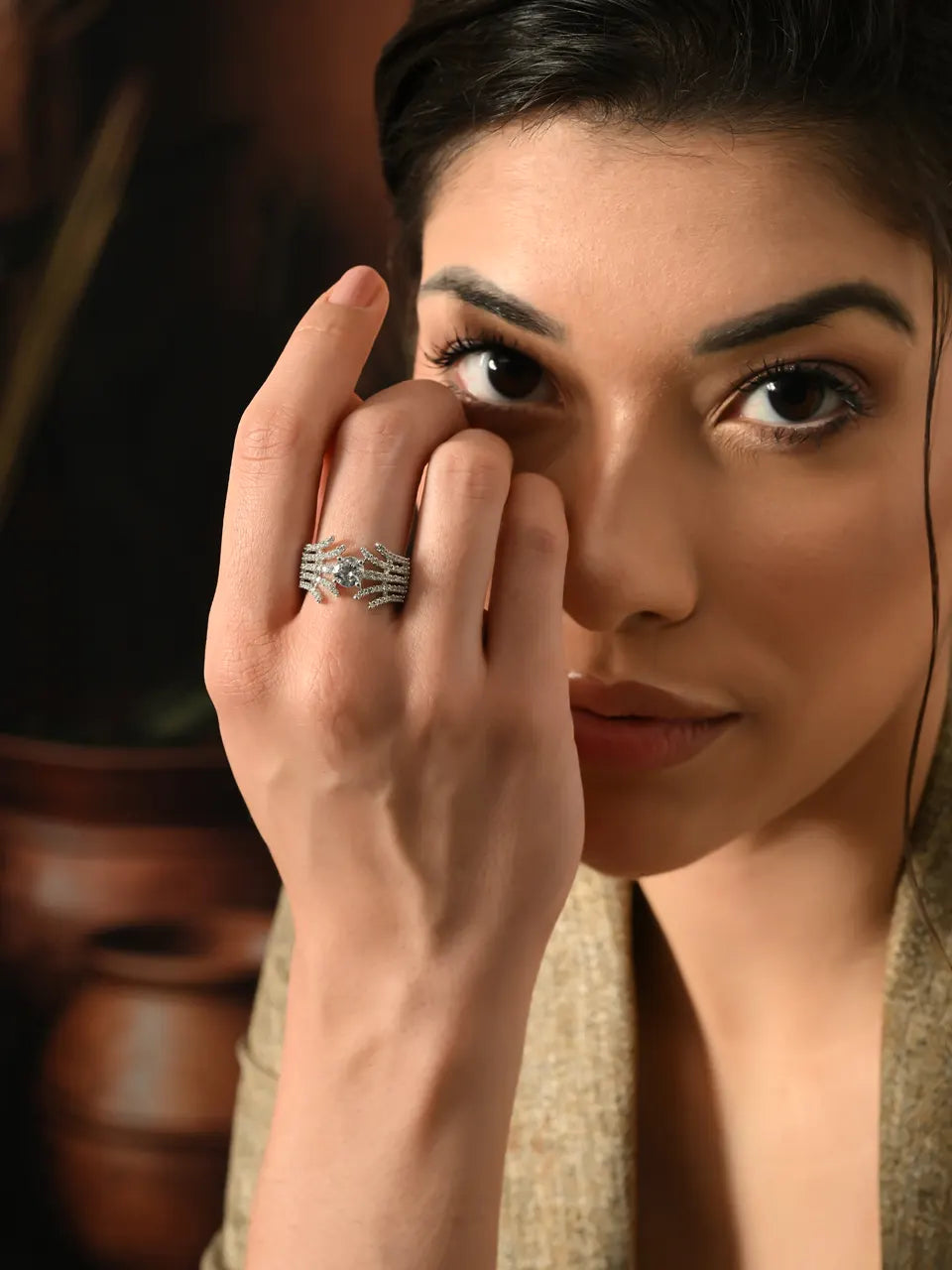 Sparkling Silver Leaf Wrap Ring