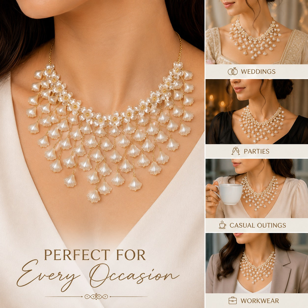 Pearl Blossom Cascade Statement Necklace