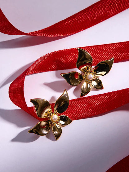 Golden Petal &amp; Pearl Earrings
