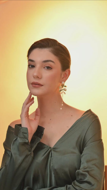 Golden Leaf Pearl Drop Earrings